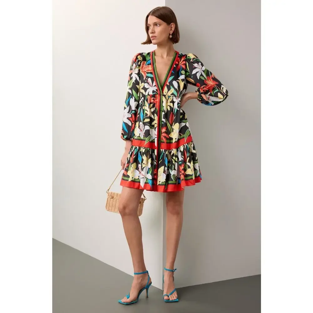 Kate Spade SzL Summer Lillies Floral Print Resortwear Vacation Long Sleeve Dress